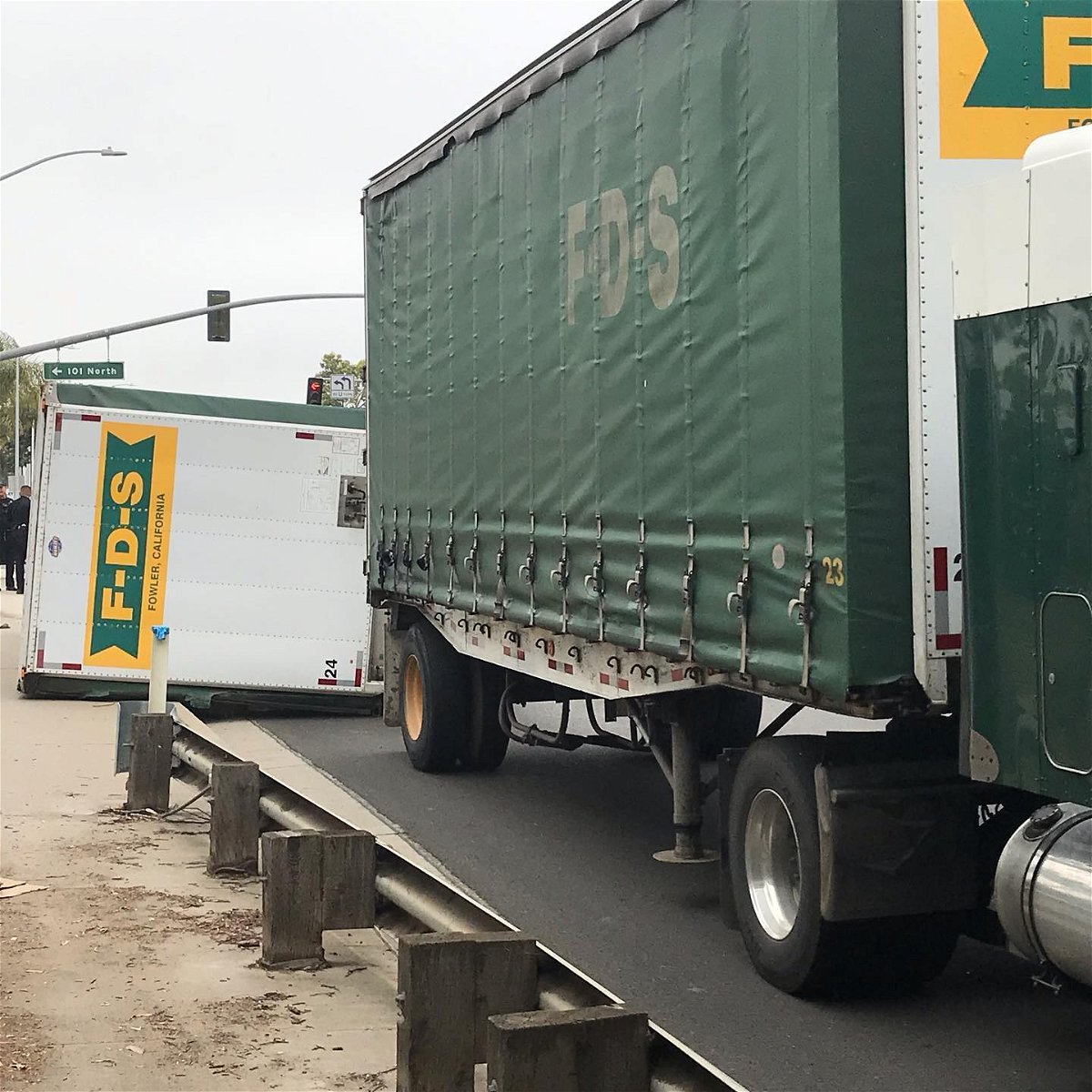 A trailer toppled over in Santa Maria, causing a traffic delay Friday morning. 