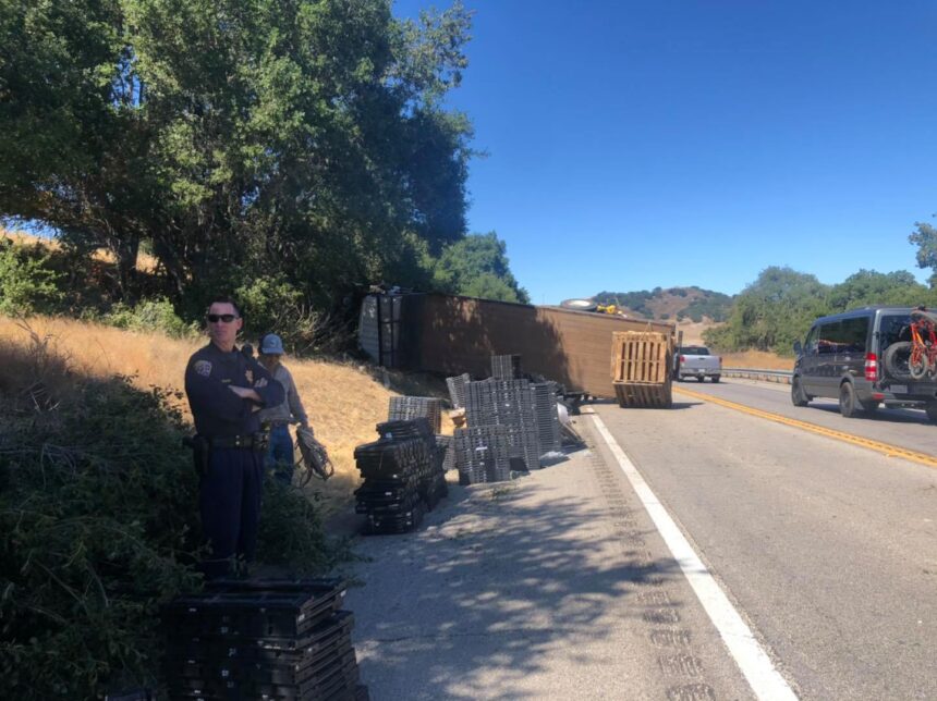 Buellton CHP truck in road on 154