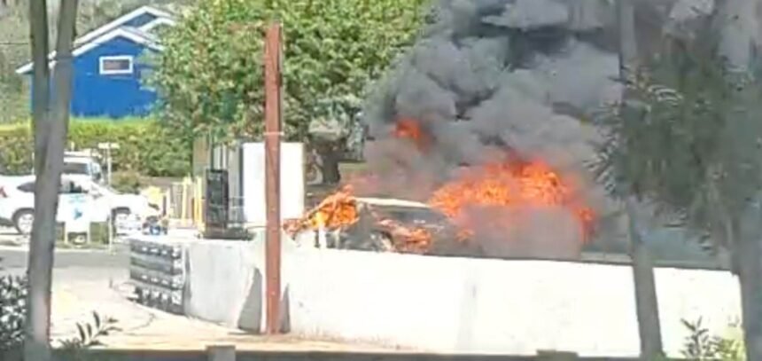 White car engulfed in flames at El Sueno