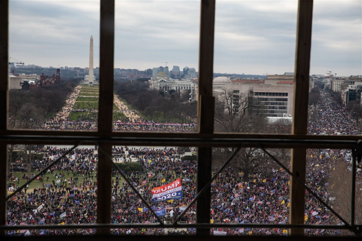 <i>Cheriss May/Getty Images</i><br/>A crowd of Trump supporters gather outside as seen from inside the U.S. Capitol on January 6 in Washington