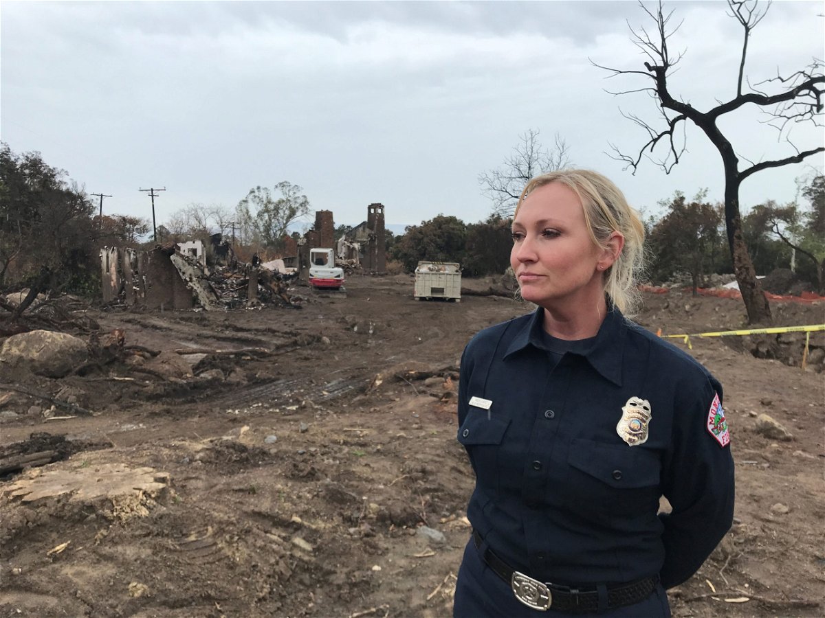 Montecito Fire Department supervisor Maeve Juarez in front of the devastation left behind by a 2018 mudslide.