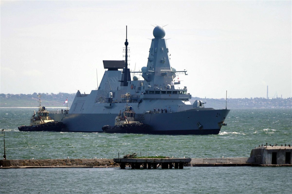 <i>Yulii Zozulia/ Ukrinform/Barcroft Media/Getty Images</i><br/>The UK's HMS Defender arrives at the port of Odessa
