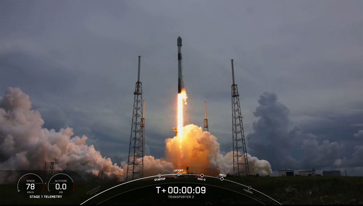<i>SpaceX</i><br/>A SpaceX Falcon 9 rocket takes off from Cape Canaveral Space Force Station with 88 satellites on board.