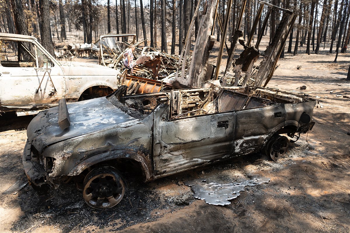 <i>Mathieu Lewis-Rolland/Getty Images</i><br/>Dee McCauley surveys charred wreckage on her property on July 22 in Bly