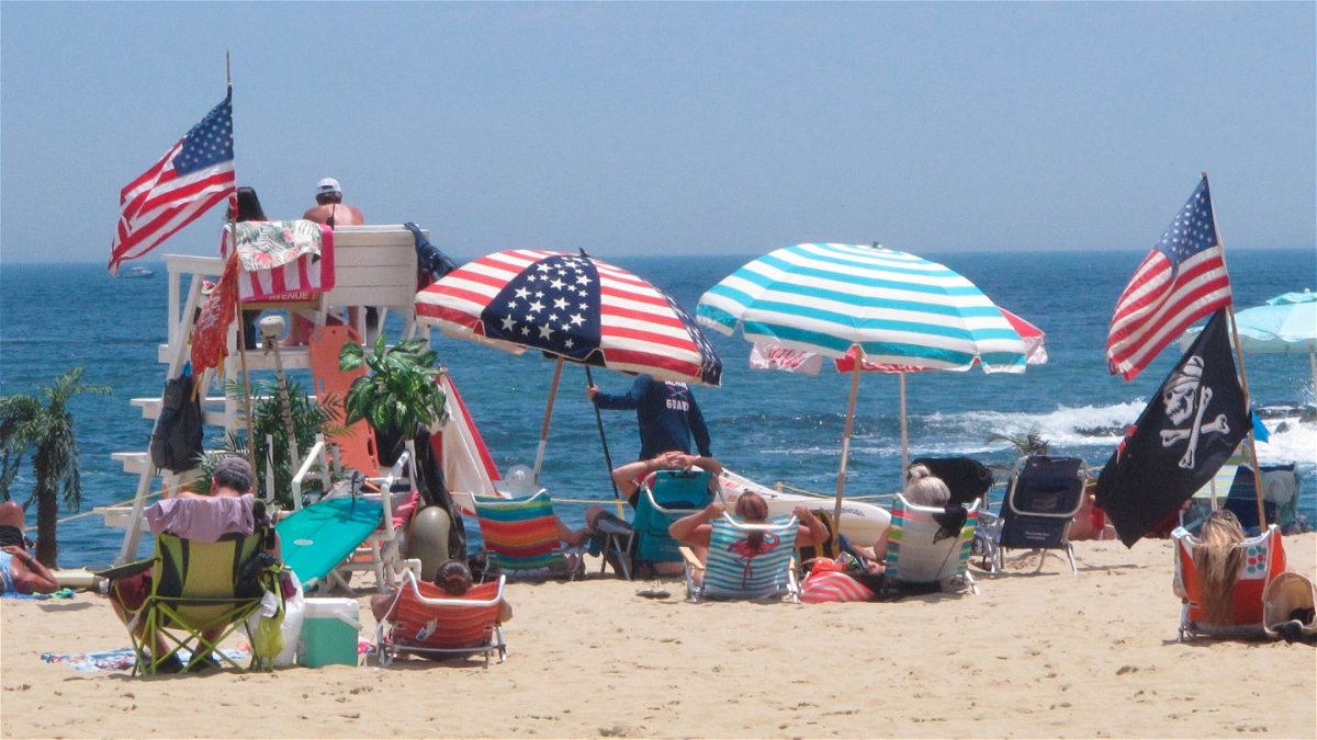 <i>Wayne Parry/AP</i><br/>Flags line the beach in Belmar