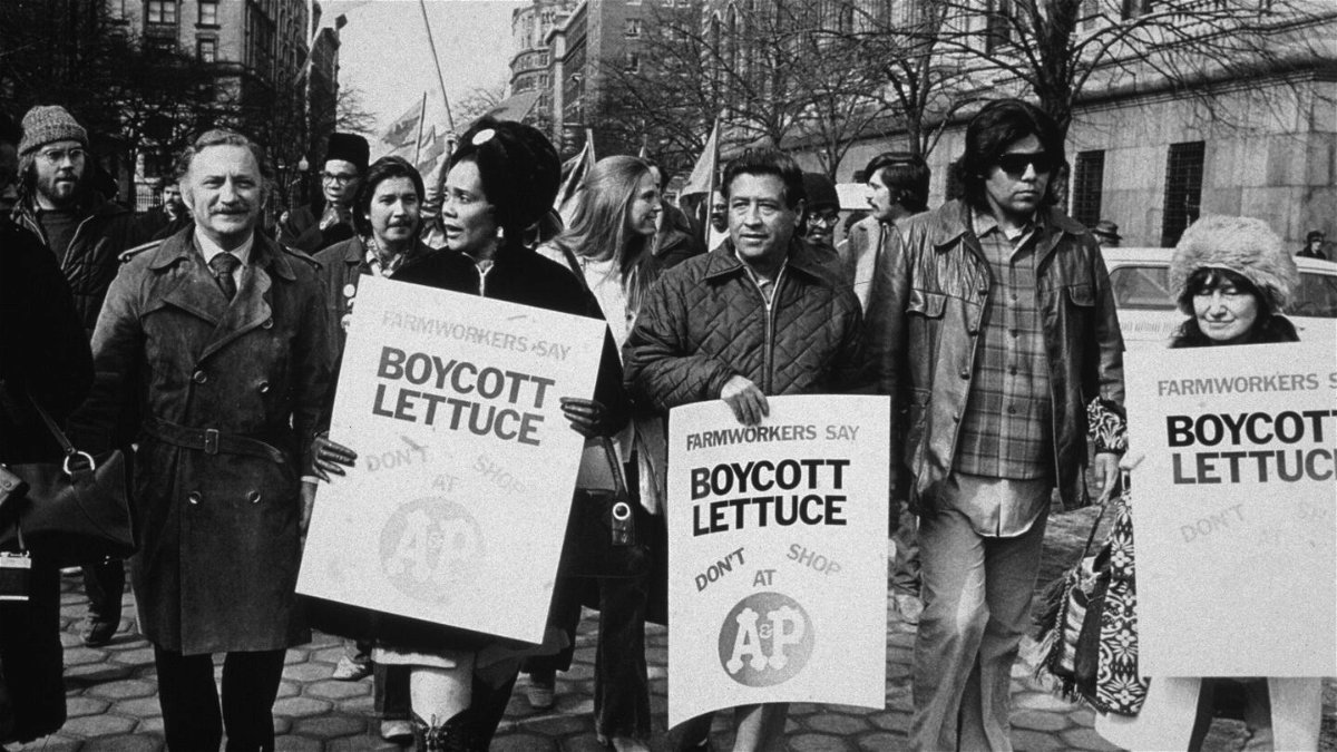 <i>Bob Parent/Hulton Archive/Getty Images</i><br/>Cesar Chavez and Coretta Scott King lead a lettuce boycott march in New York City in 1973.