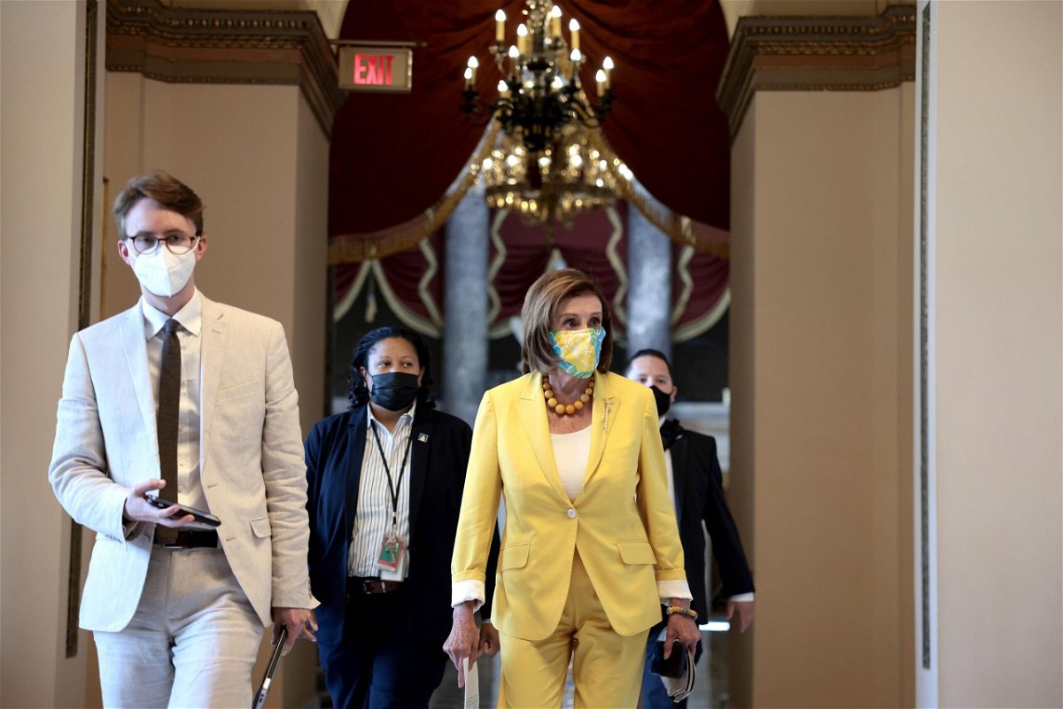 <i>Anna Moneymaker/Getty Images</i><br/>Pelosi and other lawmakers criticize the unauthorized trip to Afghanistan by Rep. Seth Moulton of Massachusetts and Republican Rep. Peter Meijer of Michigan. Pelosi is seen here at the U.S. Capitol on August 24