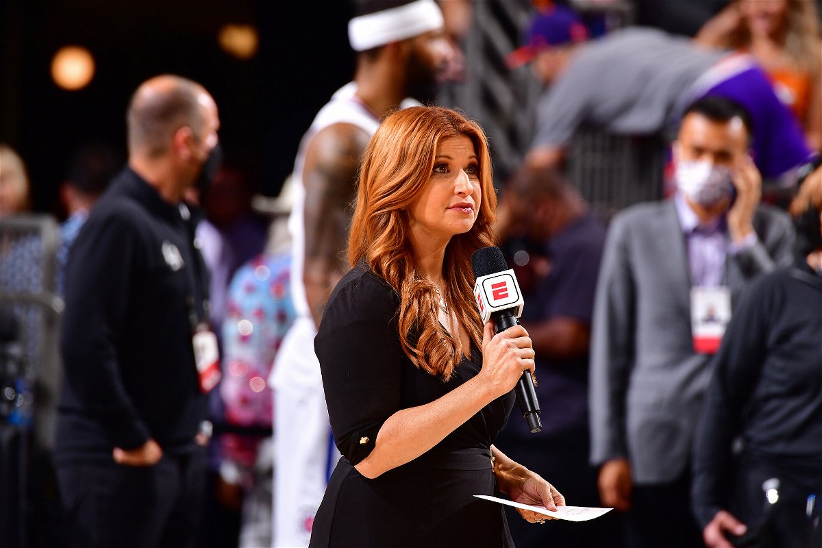 <i>Barry Gossage/NBAE/Getty Images</i><br/>ESPN reporter Rachel Nichols speaks during Game 5 of the Western Conference Finals on June 28 at Phoenix Suns Arena in Phoenix