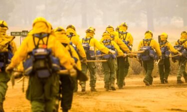 Firefighting hand crews walk towards the fire line of the Dixie Fire on August 21.
