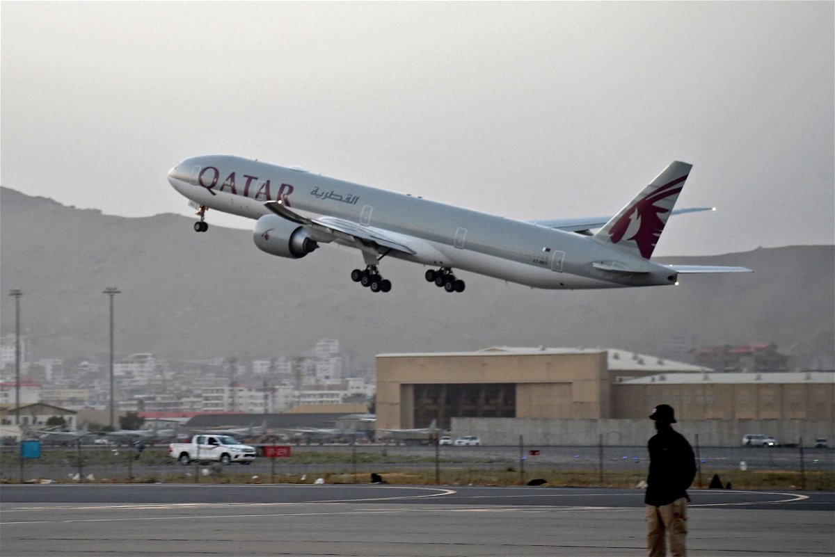 <i>Wakil Kohsar/AFP/Getty Images</i><br/>A Qatar Airways aircraft takes off from the airport in Kabul on September 9.