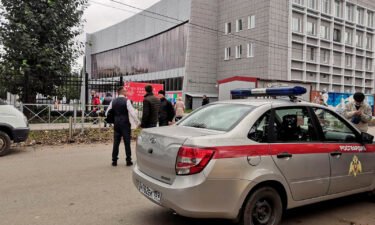 A national guard car parked at the Perm State University after a gunman opened fire on Monday.