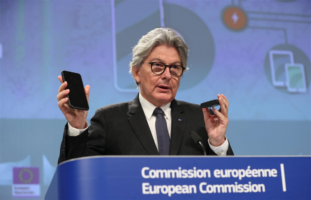 <i>Dursun Aydemir/Anadolu Agency/Getty Images</i><br/>European Commissioner for Internal Market Thierry Breton speaks as he holds a press conference about the harmonisation of the electronic charger.