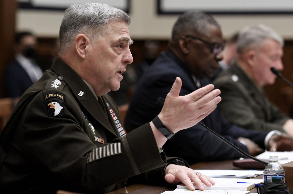 <i>OLIVIER DOULIERY/POOL/AFP via Getty Images</i><br/>US Chairman of the Joint Chiefs of Staff Gen. Mark Milley (L) defended Pentagon decision making in Afghanistan.