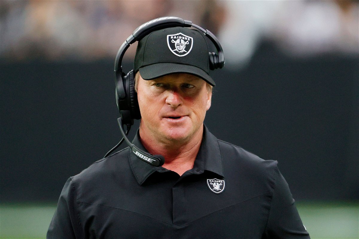 <i>Ethan Miller/Getty Images</i><br/>Jon Gruden resigned Monday as head coach of the Las Vegas Raiders. Gruden is shown here on the sideline during a game against the Chicago Bears at Allegiant Stadium on October 10
