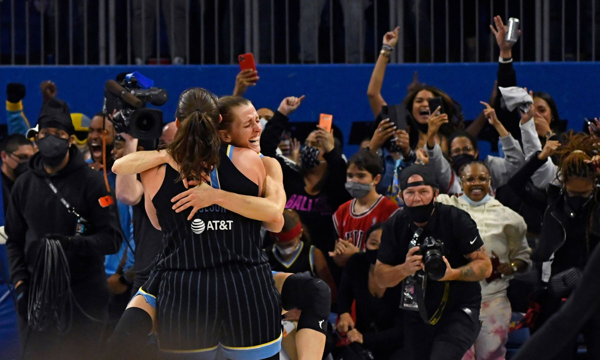 <i>Matt Marton/USA Today Sports</i><br/>Chicago Sky guard Allie Quigley and center Stefanie Dolson celebrate at the end of the second half of Game 4 of the 2021 WNBA Finals at Wintrust Arena in Chicago.