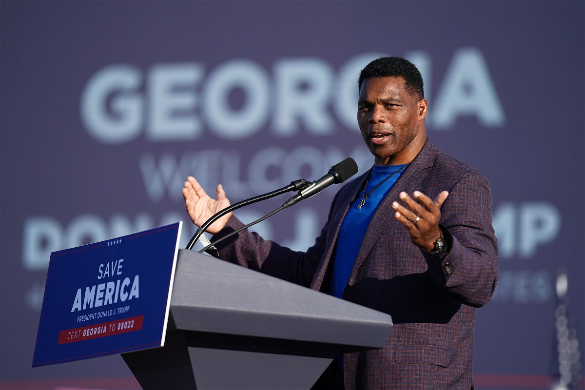 <i>Sean Rayford/Getty Images</i><br/>Republican Senate candidate Herschel Walker speaks at a rally featuring former US President Donald Trump on September 25