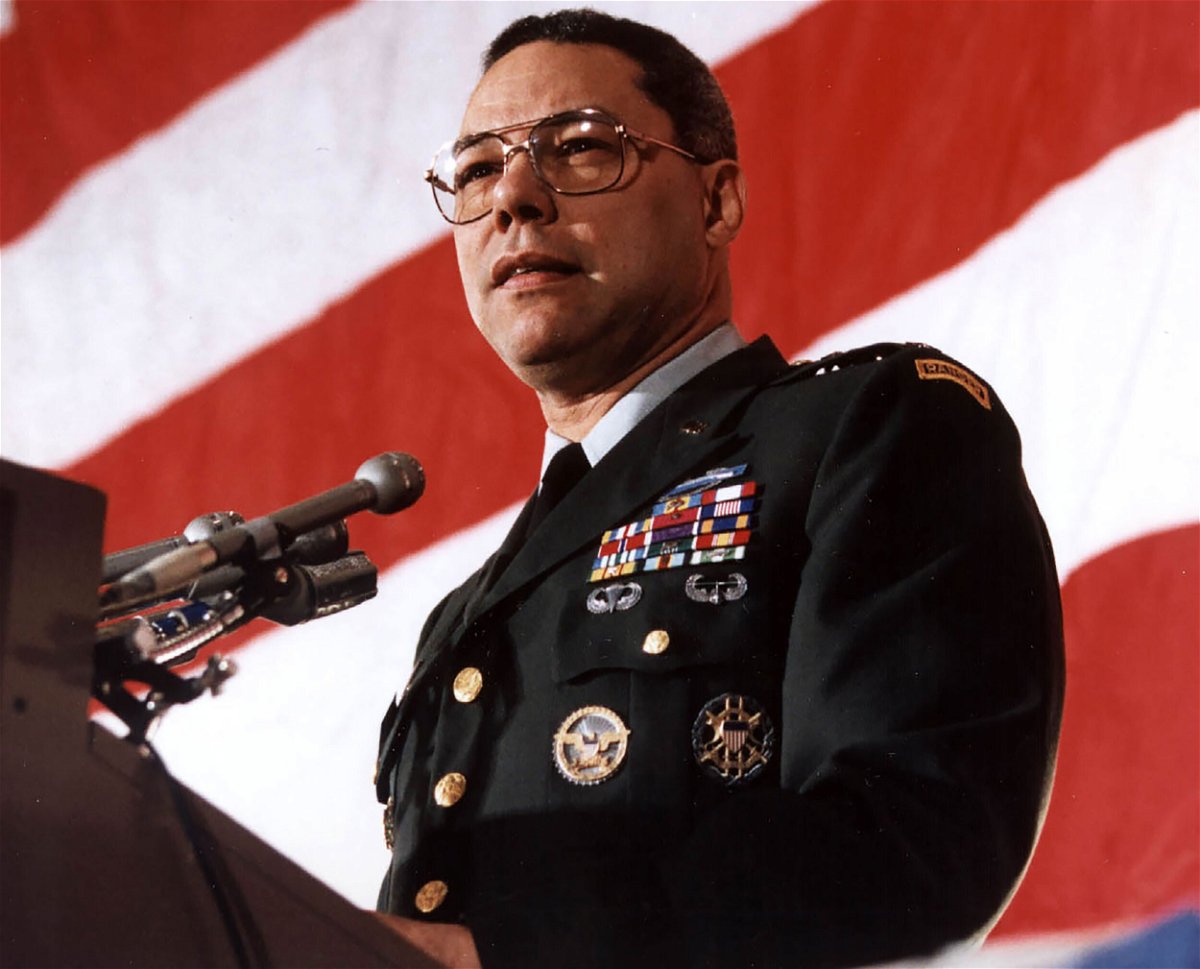 <i>Jerome Delay/AFP/Getty Images</i><br/>Former US Secretary of State Colin Powell died on Monday of Covid-19 complications. Powell is shown here giving a speech on March 4th 1991 in Washington