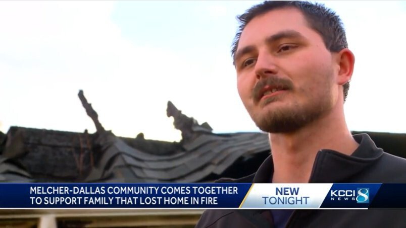 <i>KCCI</i><br/>Dustin Bach stands in front of his home in Melcher-Dallas