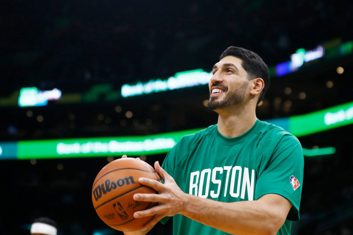 <i>Omar Rawlings/Getty Images</i><br/>Enes Kanter #13 of the Boston Celtics reacts before the game against the Washington Wizards at TD Garden on October 27 in Boston