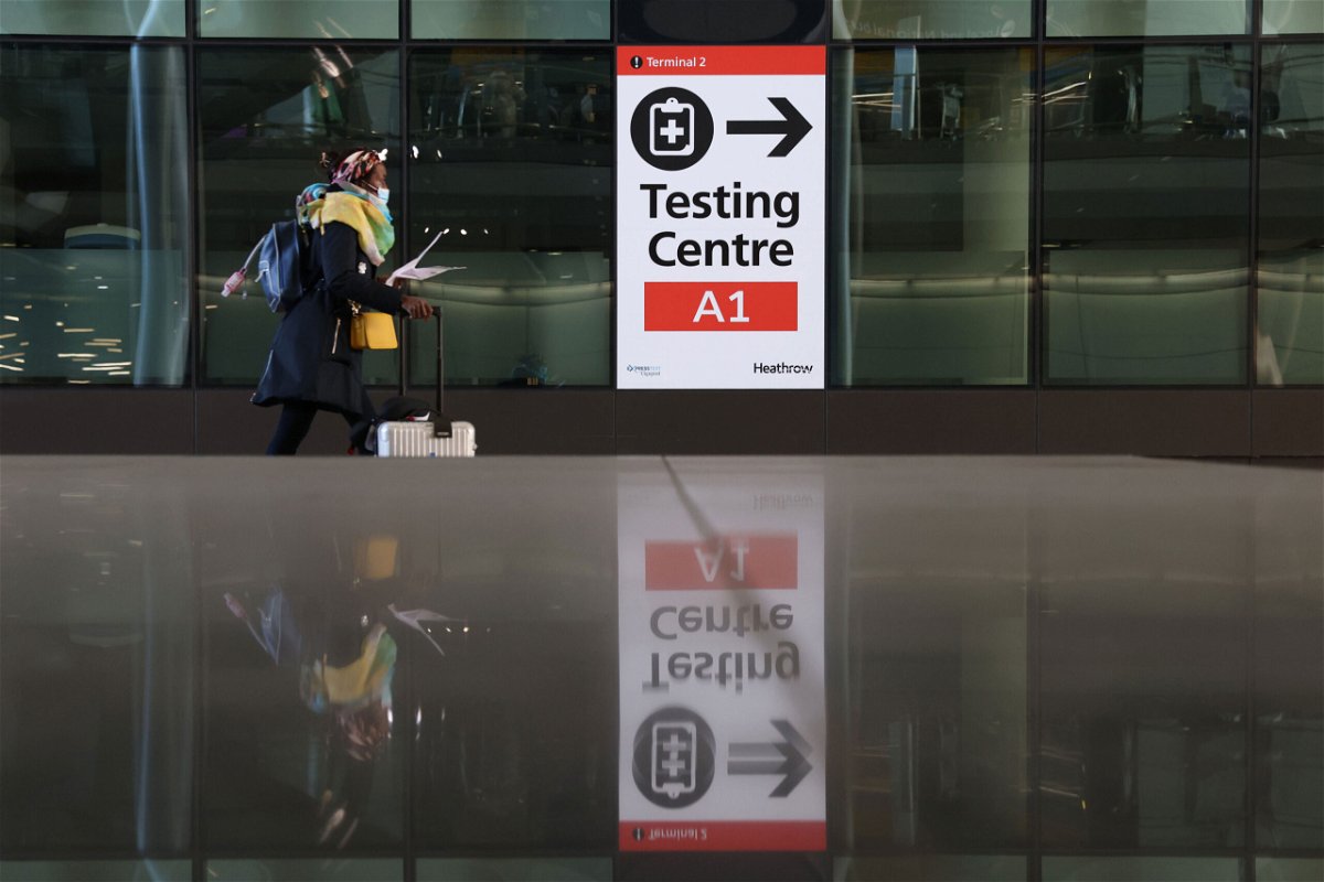 <i>Hollie Adams/Getty Images</i><br/>A covid testing center sign at Heathrow Terminal 2 on November 28 in London