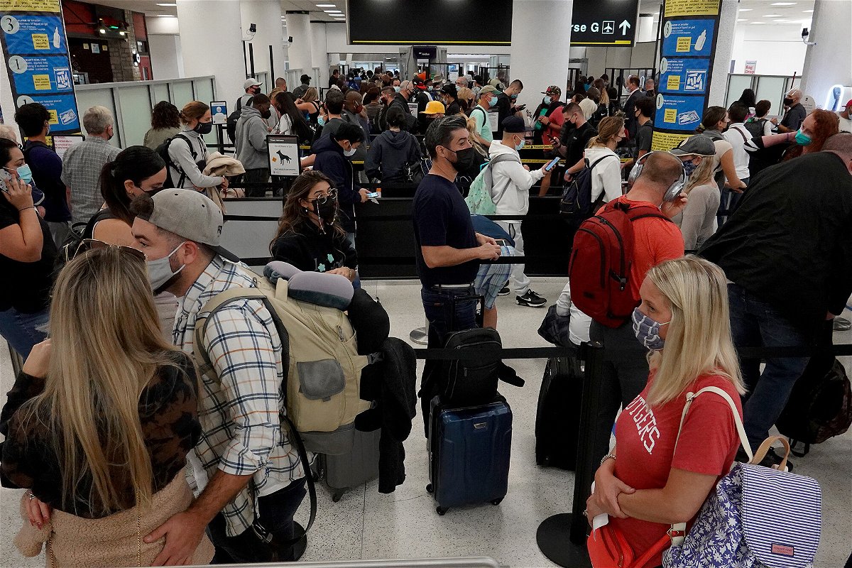 <i>Joe Raedle/Getty Images</i><br/>People wait in the line to clear through the TSA checkpoint at Miami International Airport in Florida on November 24.