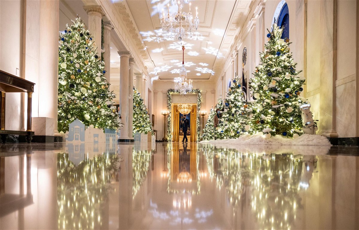 Holiday decorations are displayed in the Vermeil Room in the White House.