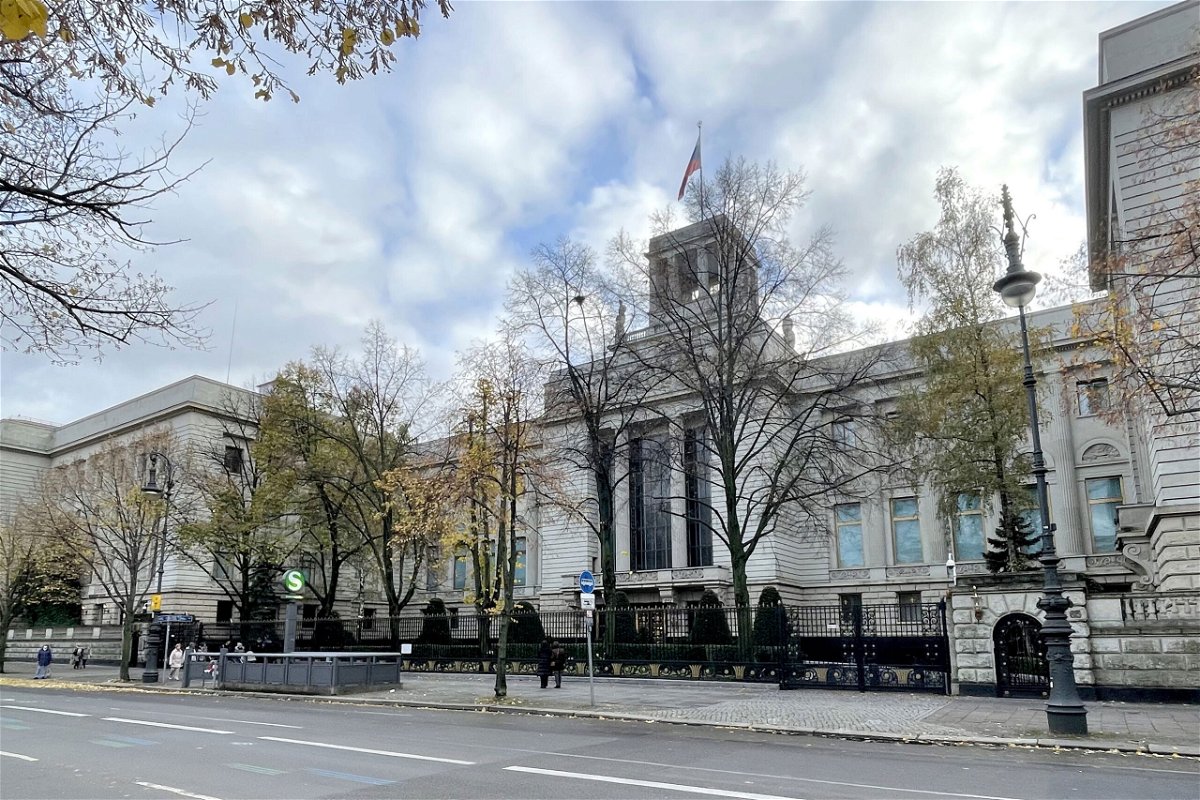 <i>Vyacheslav Filippov/TASS/Getty Images</i><br/>A view of the Russian embassy in Berlin. A diplomat was found dead outside the building last month.