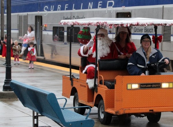 Santa arrives at SLO Amtrak station before making his way to the Railroad Museum in 2019.