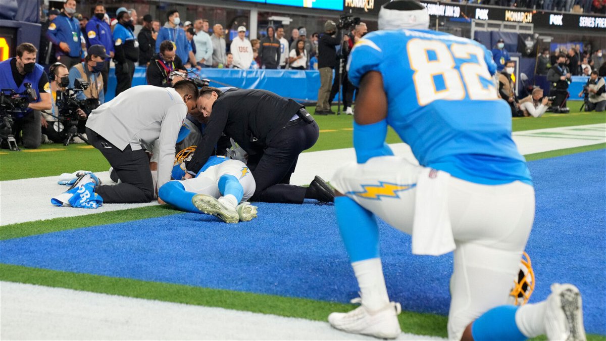 <i>Keith Birmingham/MediaNews Group/Pasadena Star-News via Getty Images</i><br/>Donald Parham Jr. lies injured in the end zone against the Kansas City Chiefs.