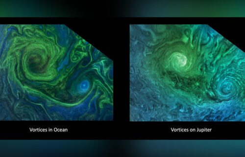 Oceanographers are using their expertise of ocean eddies to study the turbulence at Jupiter's poles and the physical forces that drive its large cyclones. Compare this image of a phytoplankton bloom in the Norwegian Sea (left) with turbulent clouds in Jupiter's atmosphere (right).