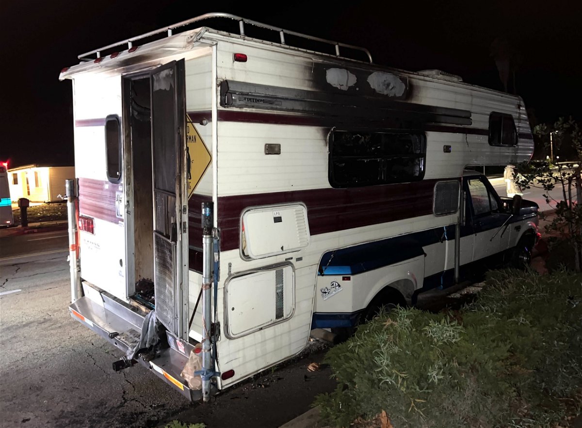 A camper on a pickup truck caught fire Monday evening.