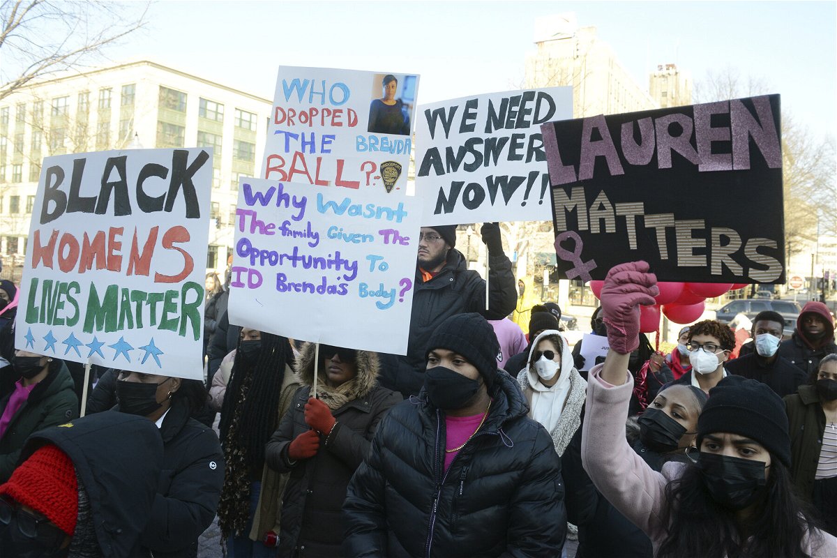 <i>Ned Gerard/AP</i><br/>Two Connecticut officers are placed on leave following an investigation into the deaths of two Black women. Family and friends of Lauren Smith-Fields here gathered for a protest march in her memory in Bridgeport