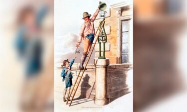 The image shows a lamplighter up a ladder. British streets were lit by oil lamps until the introduction of gas lighting around 1807.