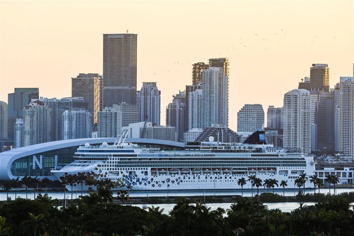 <i>Chandan Khanna/AFP/Getty Images</i><br/>A docked Norwegian Gem cruise ship is seen at the Port of Miami in 2021.