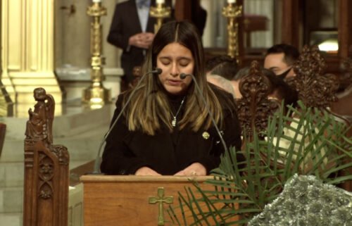The widow of slain New York Police Department Officer Jason Rivera tearfully recalled her childhood love at his funeral January 28