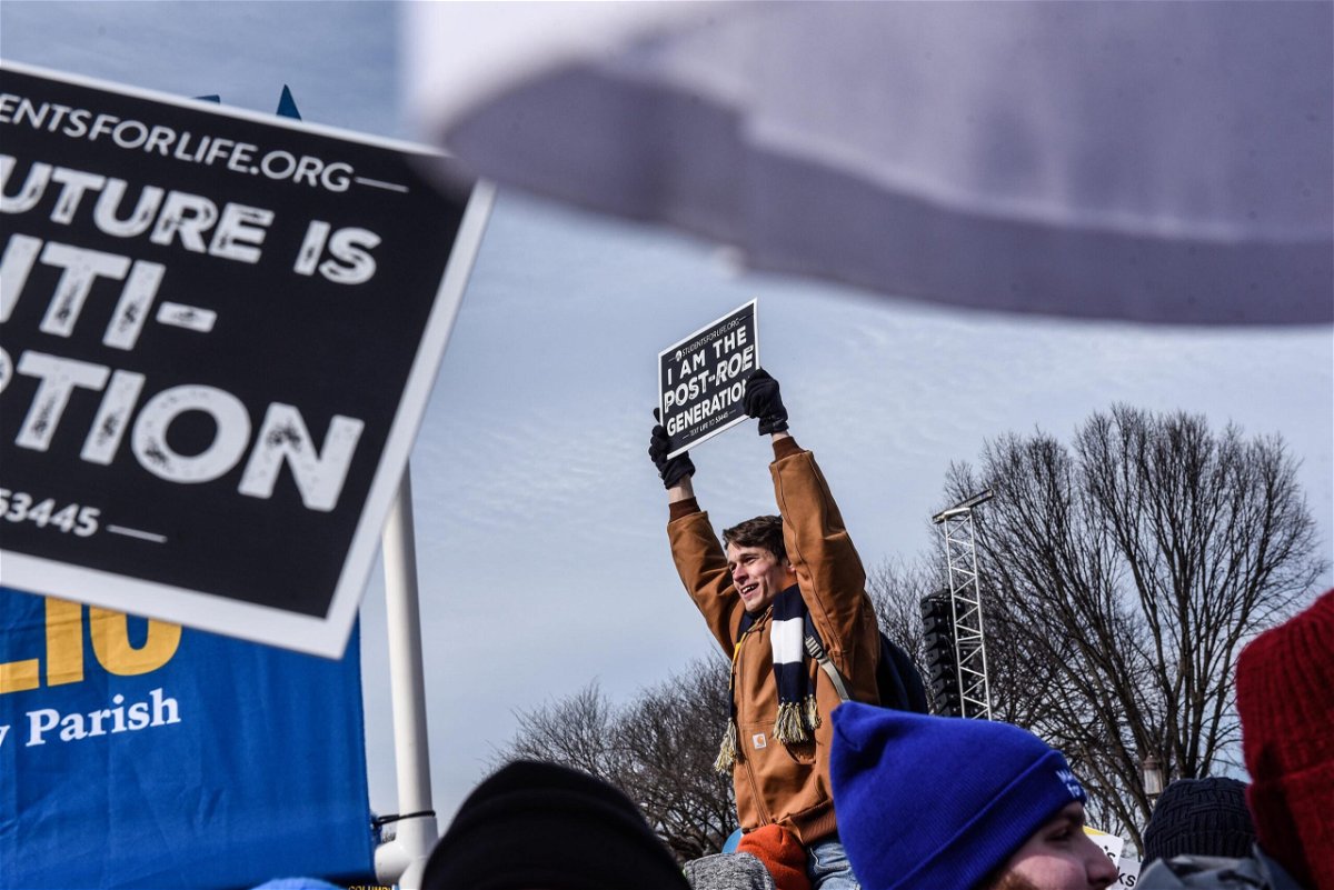 <i>Stephanie Keith/Bloomberg/Getty Images</i><br/>Demonstrators hold signs during the annual March For Life on the National Mall in Washington