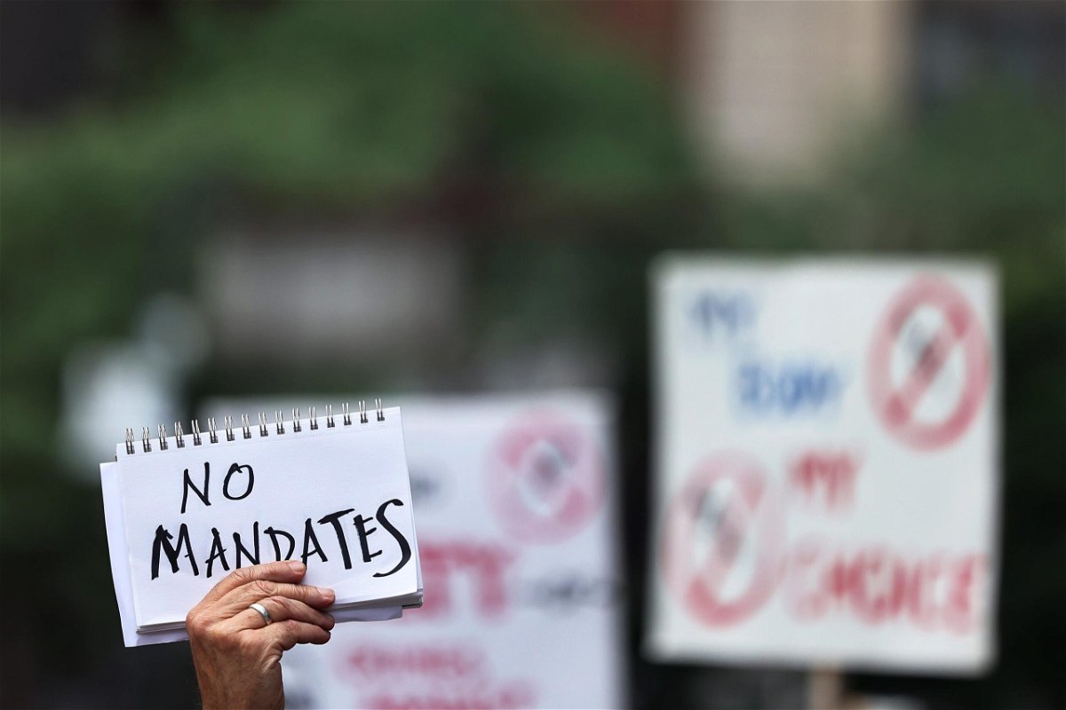 <i>Michael M. Santiago/Getty Images</i><br/>People gather at City Hall to protest vaccine mandates on August 9