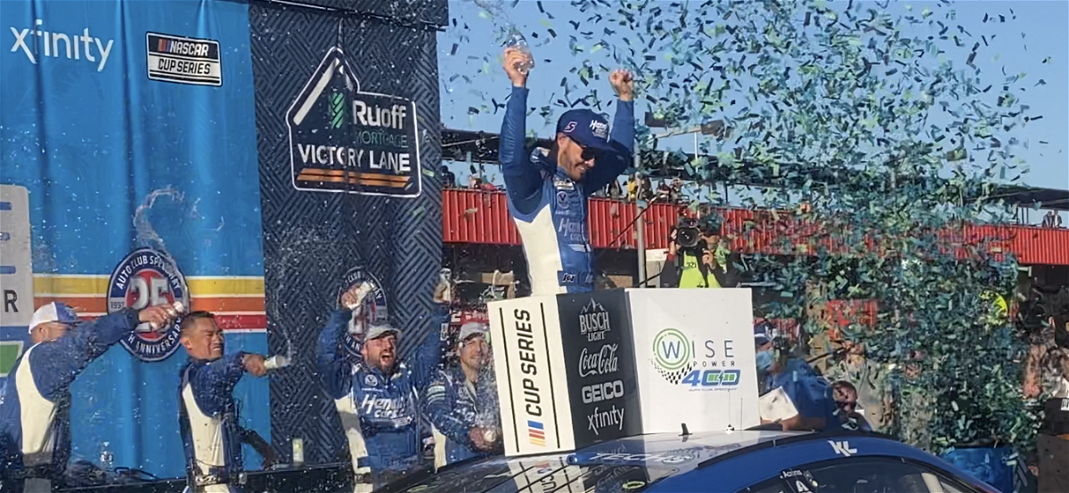 Kyle Larson celebrates the Wise Power 400 victory at the Auto Club Speedway.
