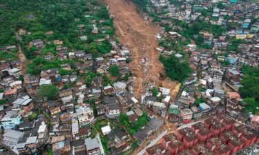 An aerial view shows a neighborhood affected by landslides in Petropolis
