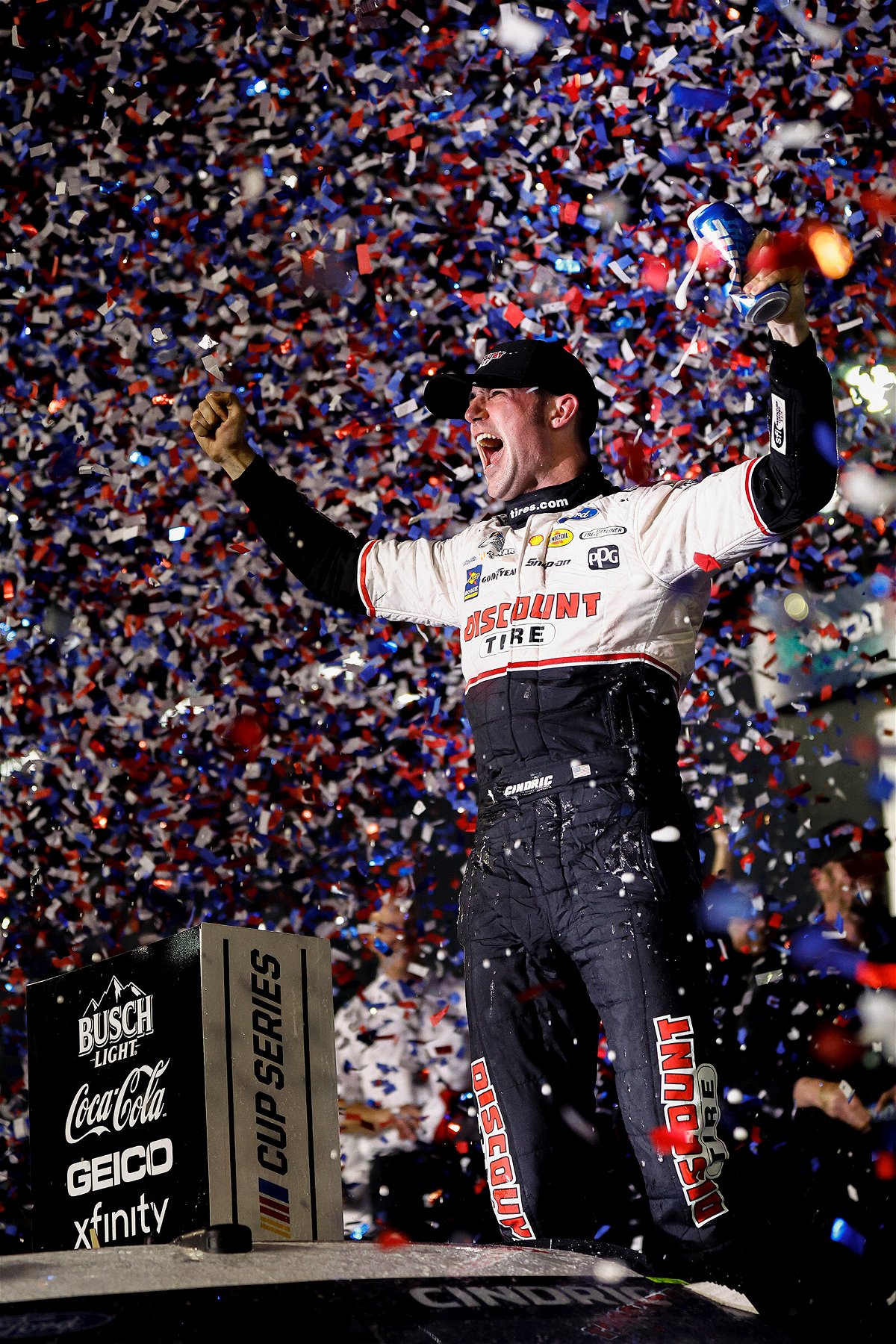 <i>Jared C. Tilton/Getty Images</i><br/>Austin Cindric celebrates in victory lane after winning the NASCAR Cup Series 64th Annual Daytona 500 at Daytona International Speedway on February 20.