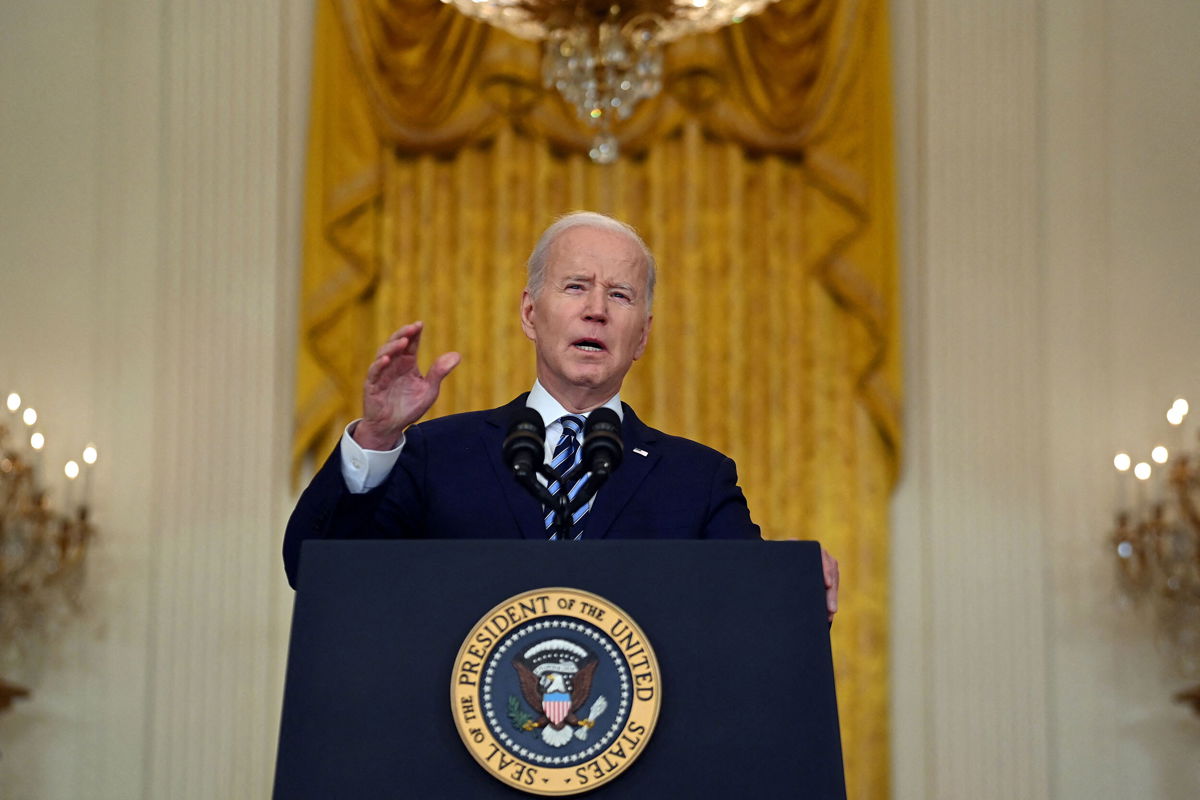 <i>Brendan Smialowski/AFP/Getty Images</i><br/>President Joe Biden addresses the Russian invasion of Ukraine