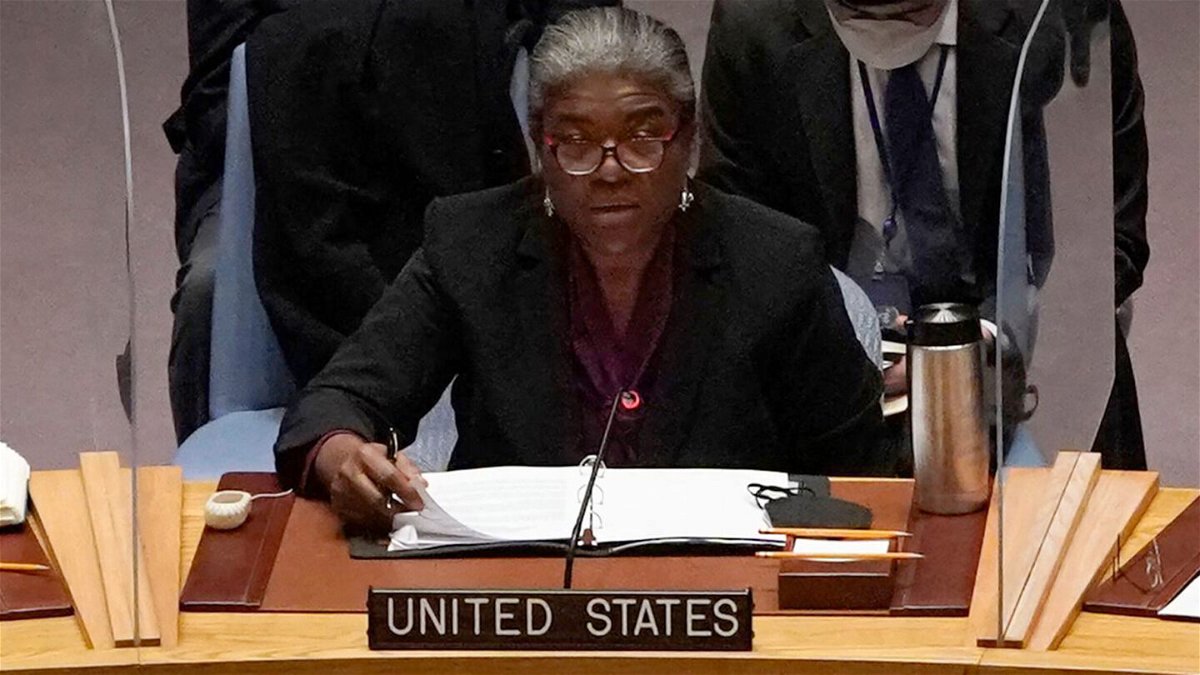 <i>Timothy A. Clary/AFP/Getty Images</i><br/>US ambassador to the UN Linda Thomas-Greenfield (C) speaks during an emergency meeting of the UN Security Council on the Ukraine crisis