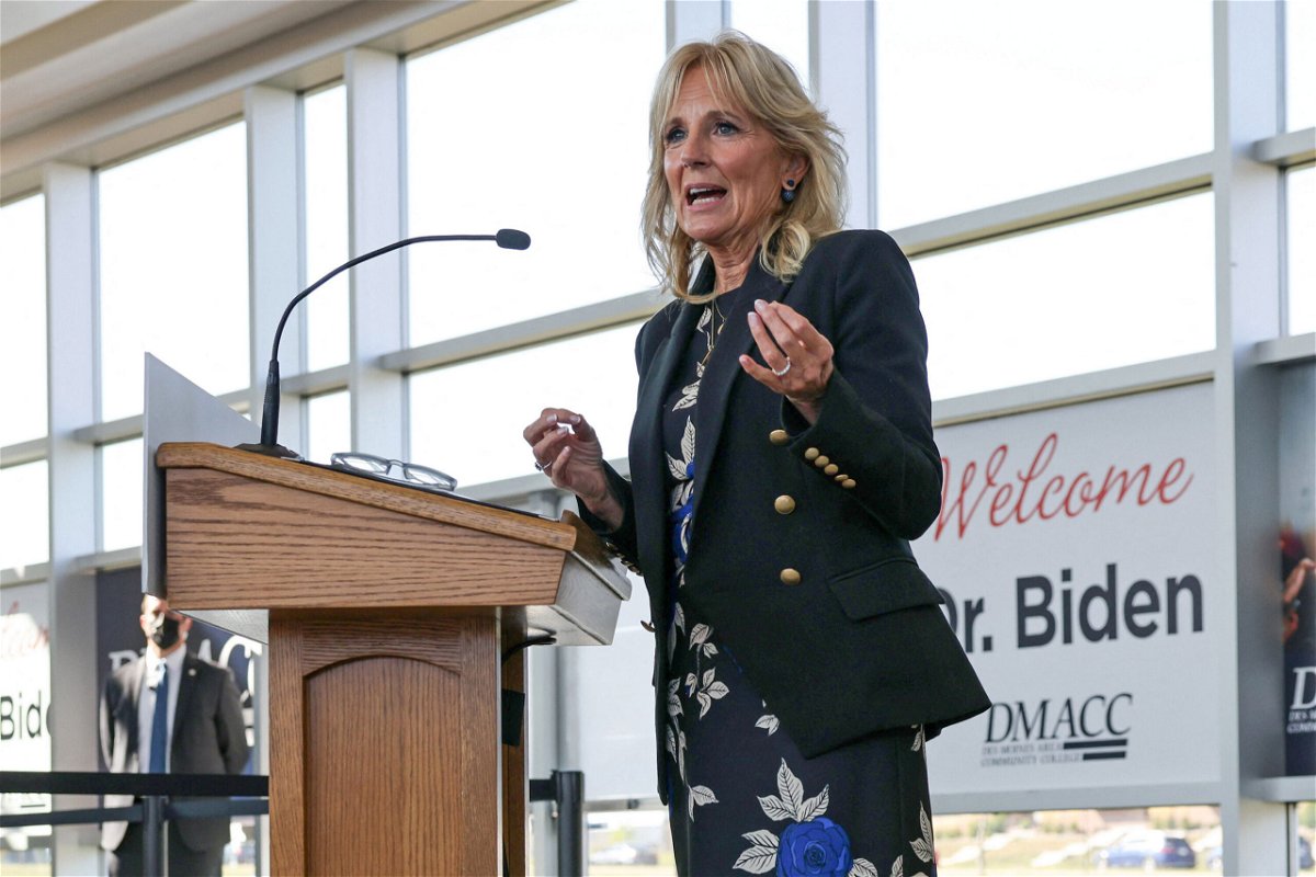 <i>Evelyn Hockstein/Pool/AFP/Getty Images</i><br/>First Lady Jill Biden delivers remarks at Des Moines Area Community College