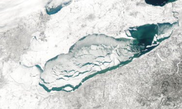 A satellite image from the US National Oceanic and Atmospheric Administration shows the crack in the ice on Lake Erie Sunday.