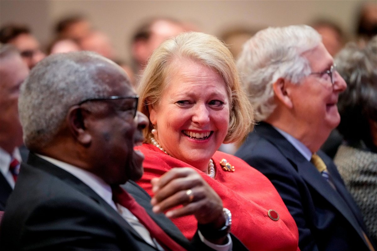 <i>Drew Angerer/Getty Images</i><br/>Associate Supreme Court Justice Clarence Thomas sits with his wife and conservative activist Virginia Thomas while he waits to speak at the Heritage Foundation in 2021 in Washington