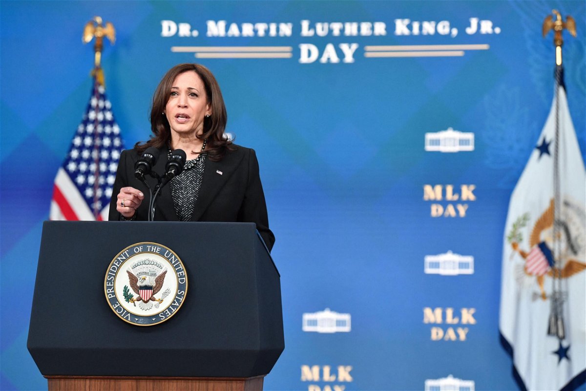<i>NICHOLAS KAMM/AFP/Getty Images</i><br/>US Vice President Kamala Harris speaks in the South Court Auditorium of the White House in Washington