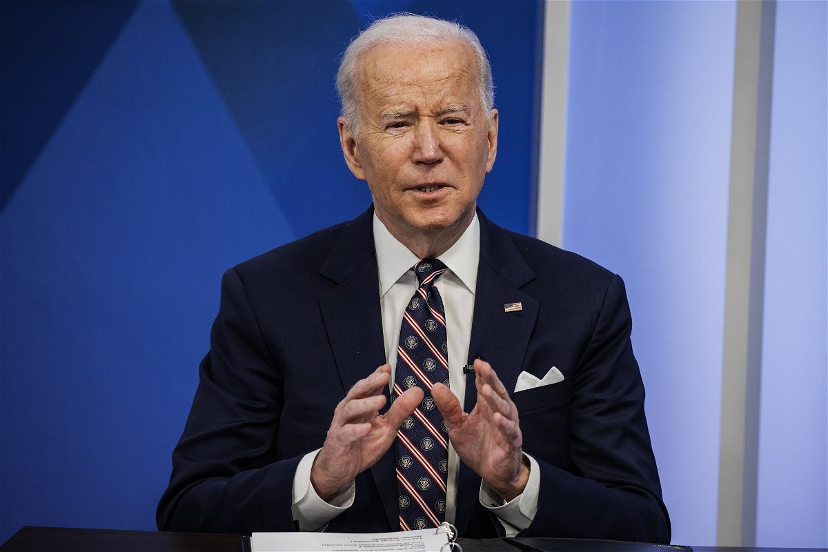 <i>Samuel Corum/Bloomberg/Getty Images</i><br/>President Biden speaks during a virtual event on mineral supply chains in the Eisenhower Executive Office Building of the White House on Tuesday