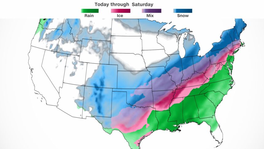 Heavy snow falling as storm system threatens to leave a treacherous mix ...