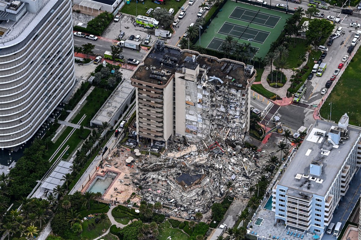 <i>Chandan Khanna/AFP/Getty Images</i><br/>An aerial view shows search and rescue personnel working on site after the partial collapse of the Champlain Towers South in Surfside