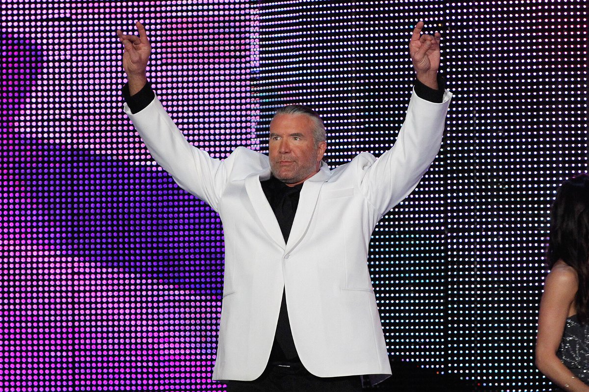 <i>Jonathan Bachman/WWE/AP</i><br/>Scott Hall speaks during the WWE Hall of Fame Induction at the Smoothie King Center in New Orleans on April 5